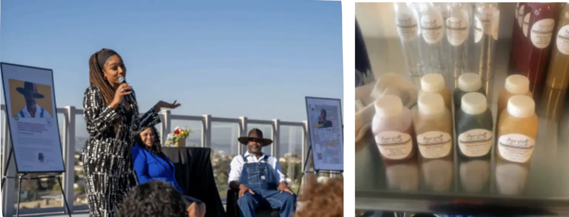 Apryl Sims speaking into a mic on left, bottles of her juice on right of 2-photo collage