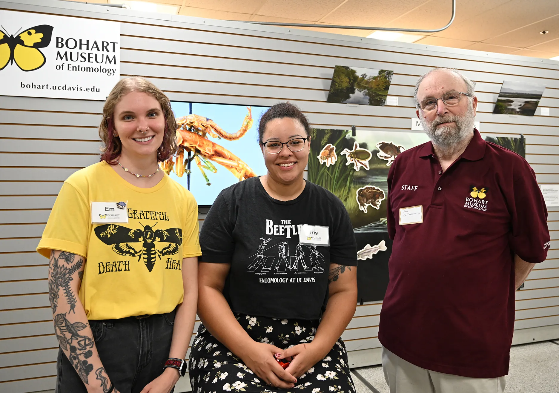 Ready to greet the crowd at the Bohart Museum Moth Night are UC Davis doctoral candidate Emma Jochim, doctoral student Iris Quayle and Bohart research associate John "Moth Man" DeBenedictus. (Photo by Kathy Keatley Garvey)