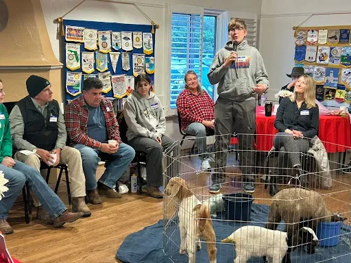A young boy presents at a 4-H club meeting. Members are seated around him and goats are in a pen in front of him.