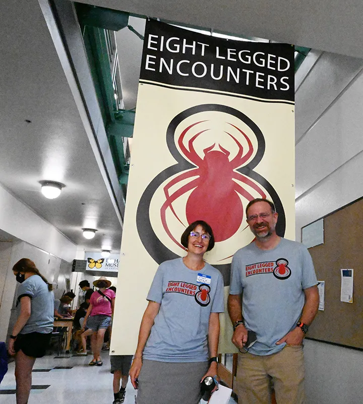 Professor Jason Bond with Professor Eileen Hebets of the University of Nebraska at the "Eight-Legged Encounters" open house, hosted in 2022 by the Bohart Museum of Entomology and the American Arachnological Society. (Photo by Kathy Keatley Garvey)