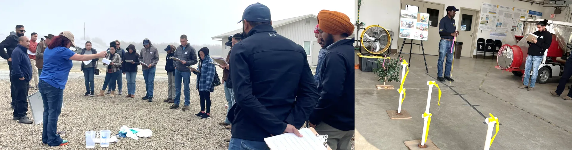 Figure 2: In-field calibration Training by Marianna Castiaux (left) and Dr. Peter Larbi’s drift demonstration (right).