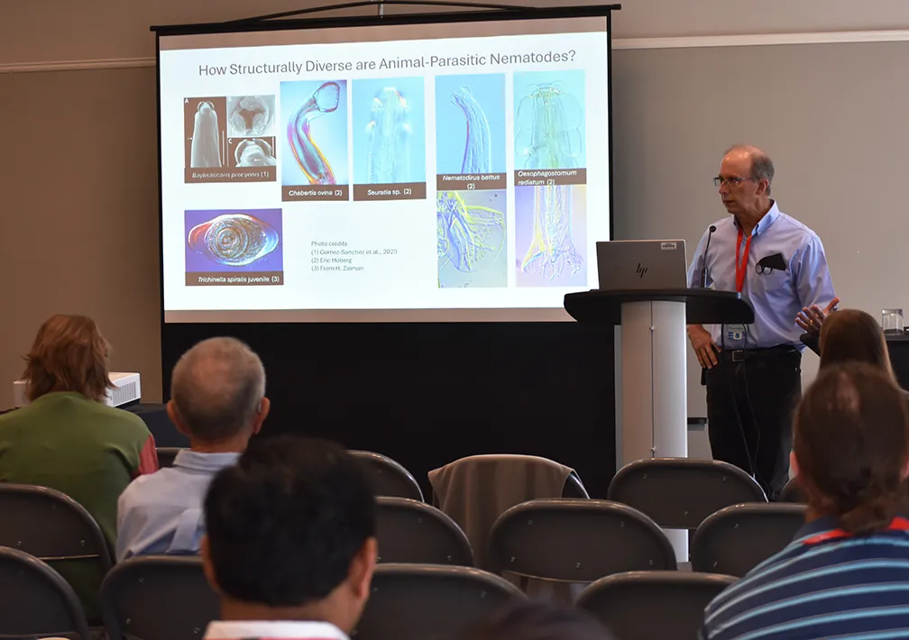 UC Davis Distinguished Professor Steve Nadler, former chair of the UC Davis Department of Entomology and Nematology, presenting a talk at the Society of Nematologists' meeting in Victoria, British Columbia. (SON Photo)
