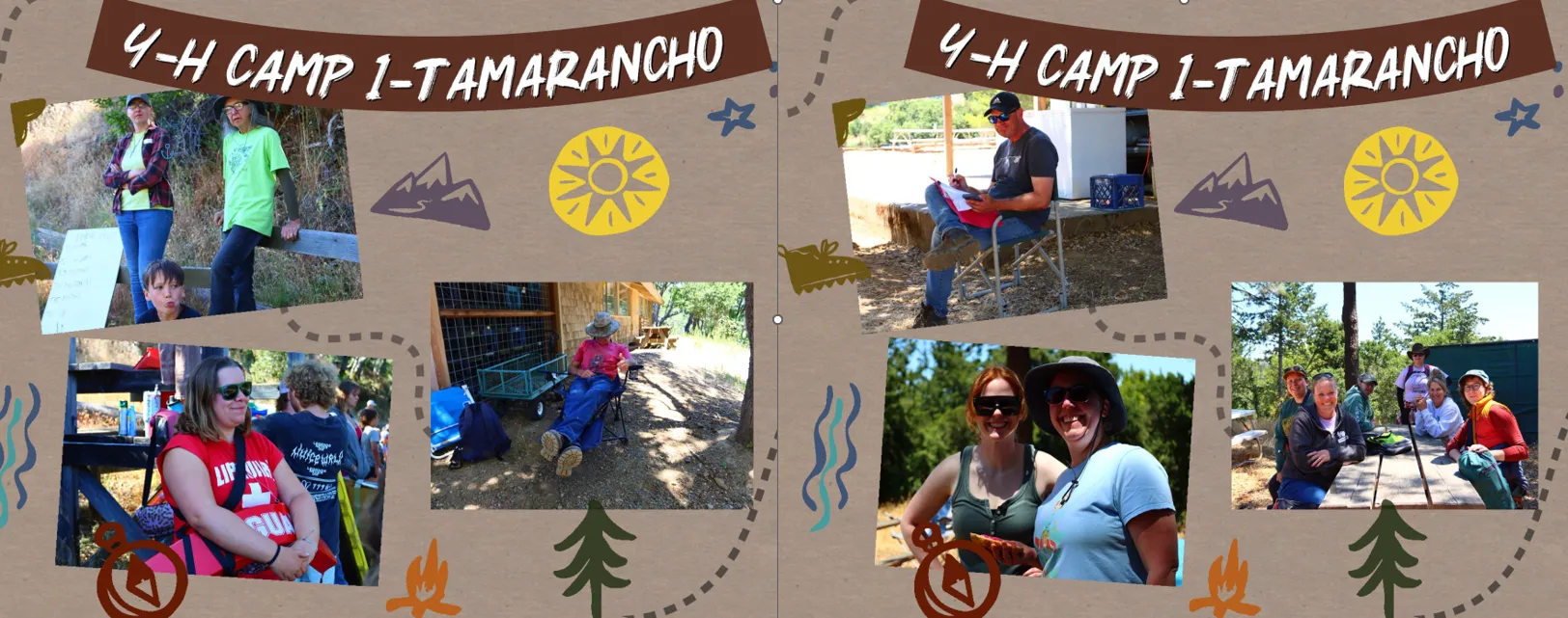 Collage of Campers participating in hikes, archery, relaxation time, and eating meals