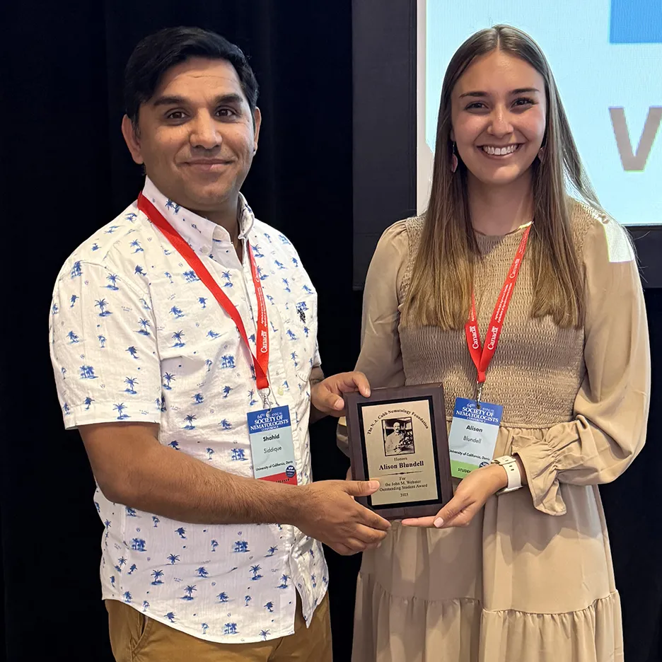 UC Davis associate professor Shahid Siddique with doctoral candidate Alison Bundell, recipient of the 2025 John M. Webster Outstanding Student Award from the Society of Nematologists. 