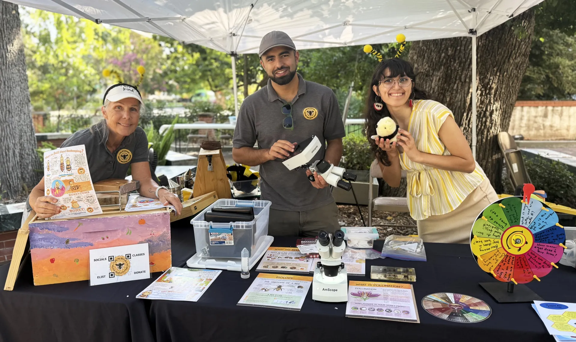 The California Master Beekeeper Program team: (from left) Wendy Mather and Kian Niksad, co-program managers; and Samantha Murray, education and garden coordinator of the UC Davis Bee Haven. (Photo by Kathy Keatley Garvey)