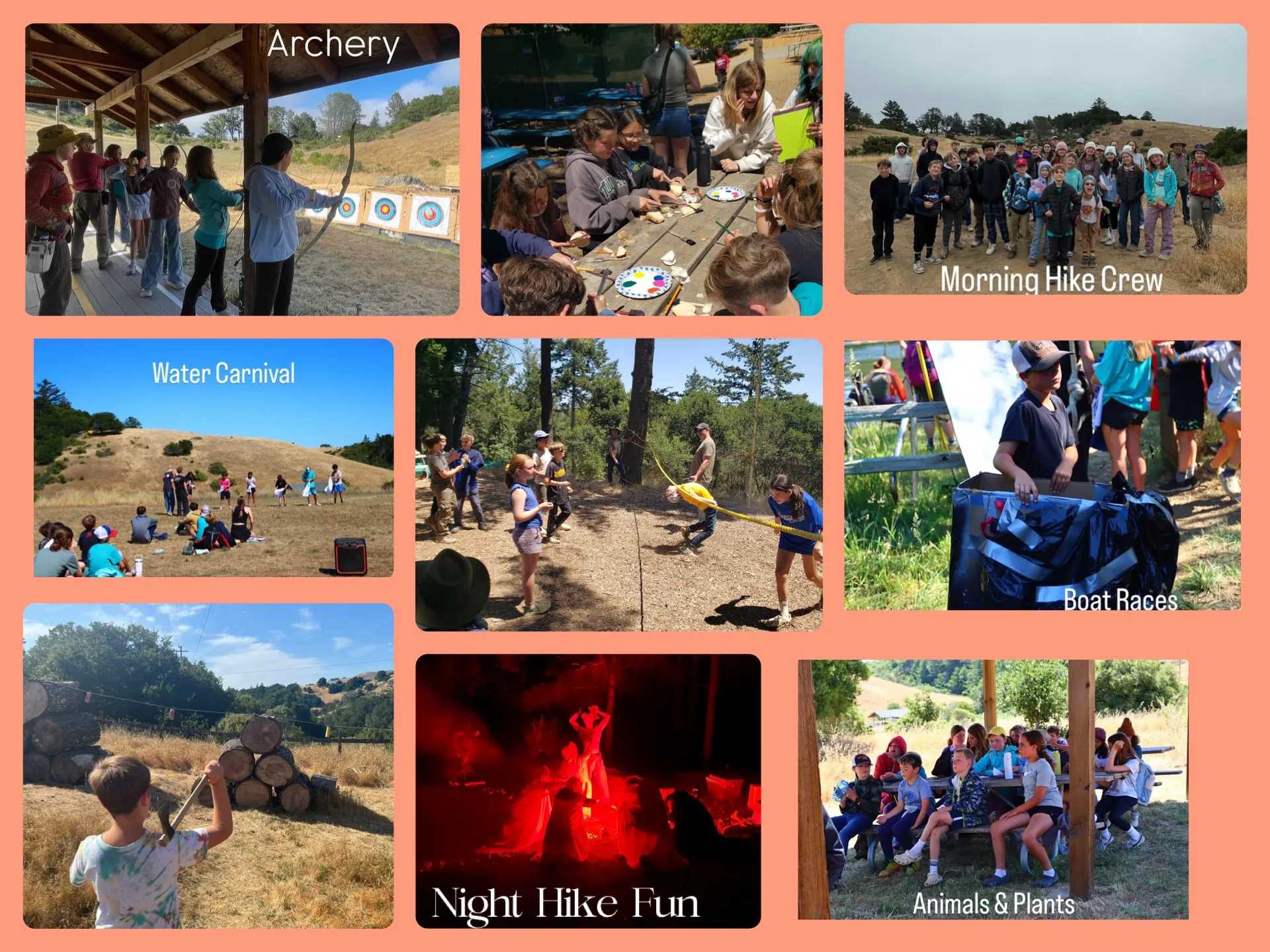 Youth participating in many 4-H camp Activities - Archery, Arts and Crafts, Hiking, Water Carnival, Cardboard craft boats, axe throwing, hiking at night, and learning about plants at a workshop