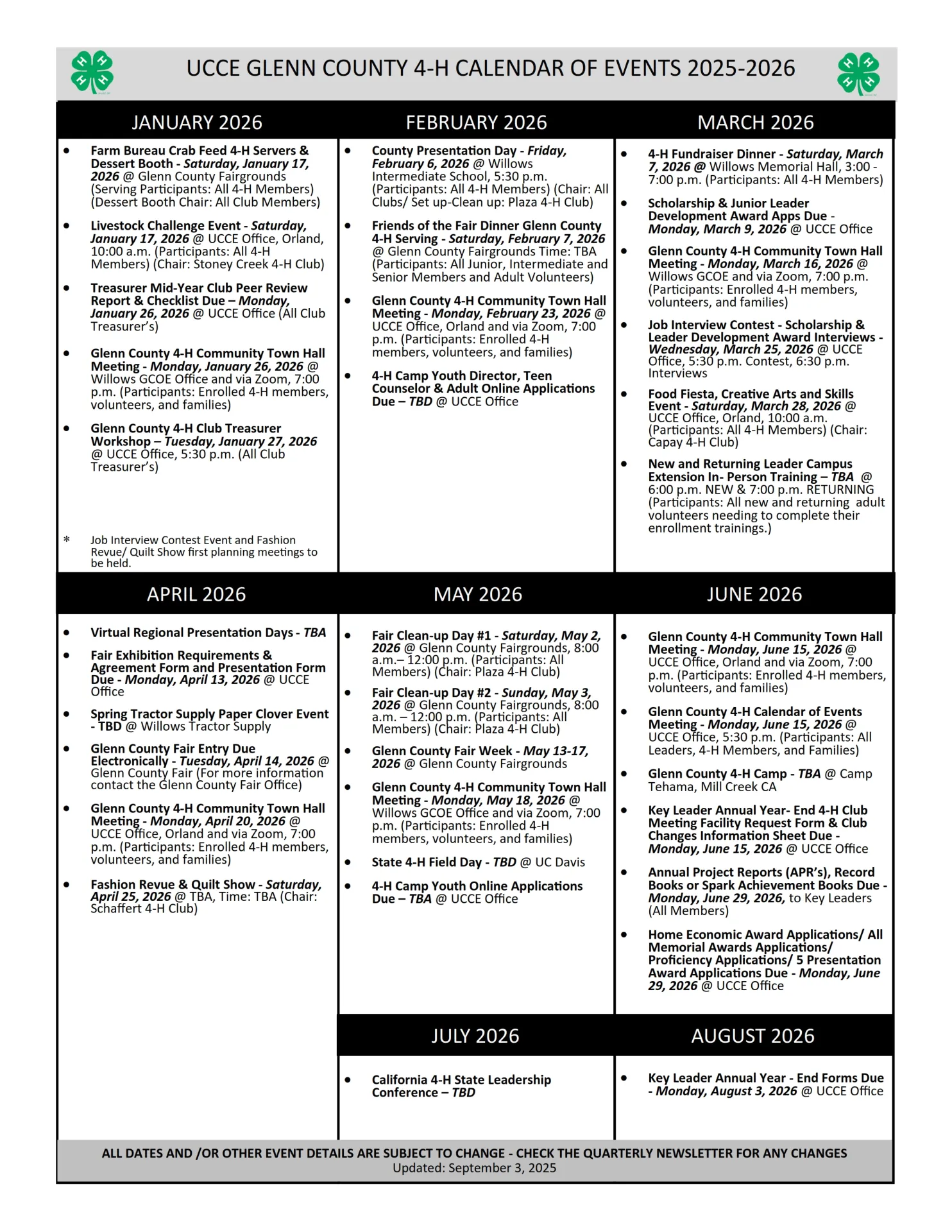 Glenn County 4-H 2025-2026 Calendar of Events - as of 9.3.2025 - Page 2