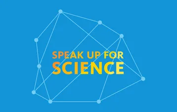 "Speak up for Science" inside a line drawing