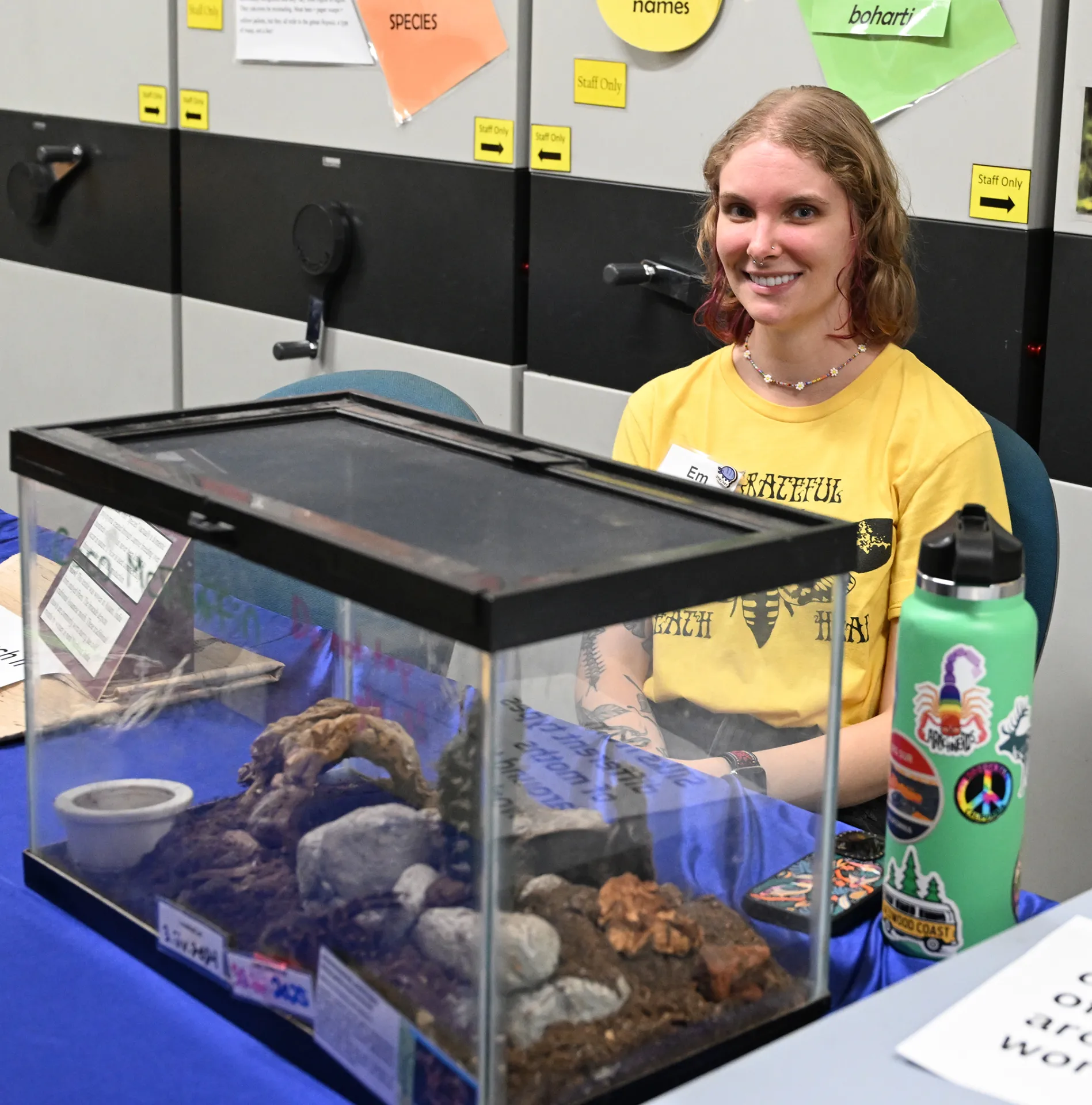 UC Davis doctoral candidate Emma "Em" Jochim ready to greet visitors at the Bohart Museum open house on Sunday, Oct. 5. (Photo by Kathy Keatley Garvey)