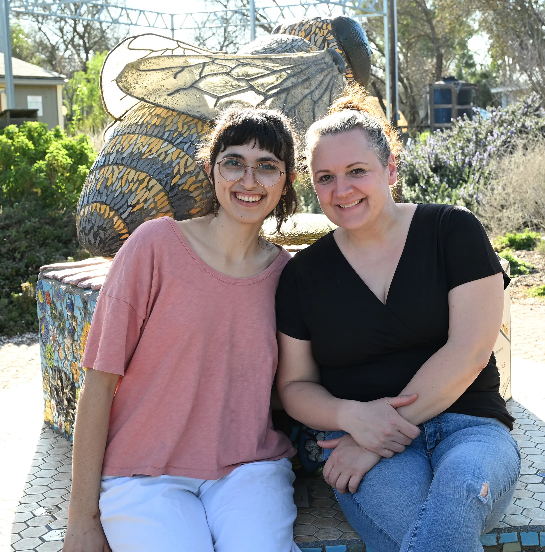 Samantha Murray, education and garden coordinator of the UC Davis Bee Haven, with director Elina Nino. (Photo by Kathy Keatley Garvey)