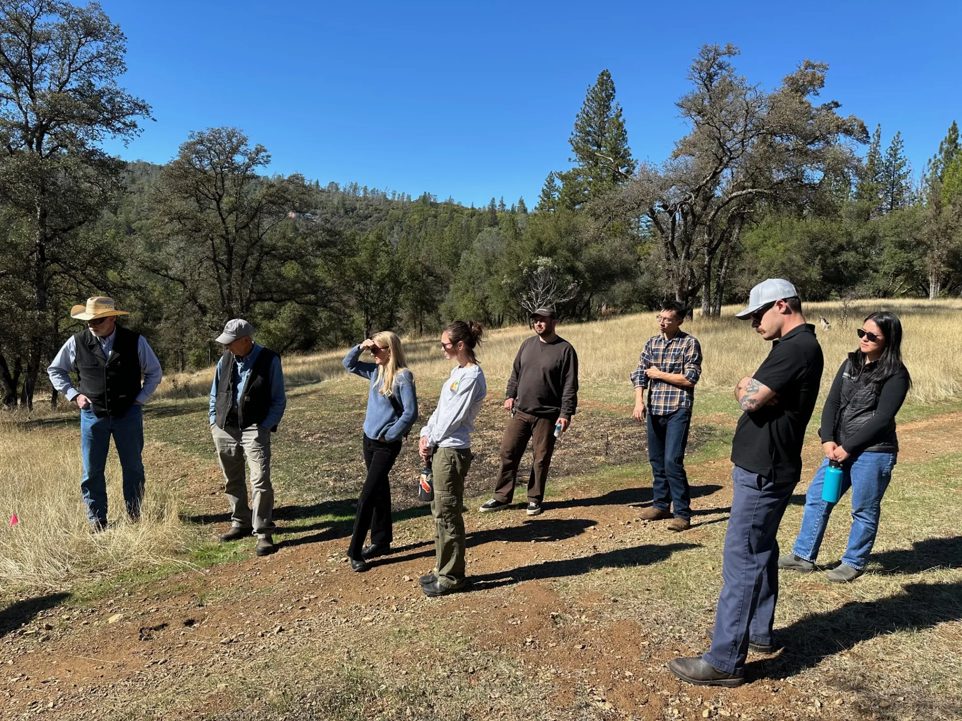Eight people squinting into sun stand on grassland amid trees