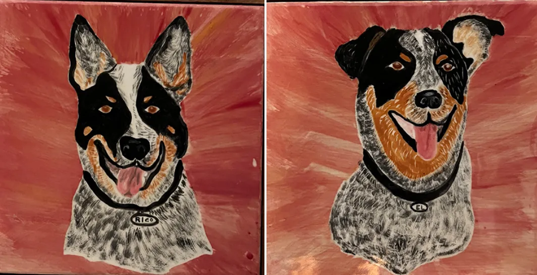 Portraits of Rico (left) and Emmylou, belonging to UC Davis Distinguished Professor Emerita Diane Ullman,
