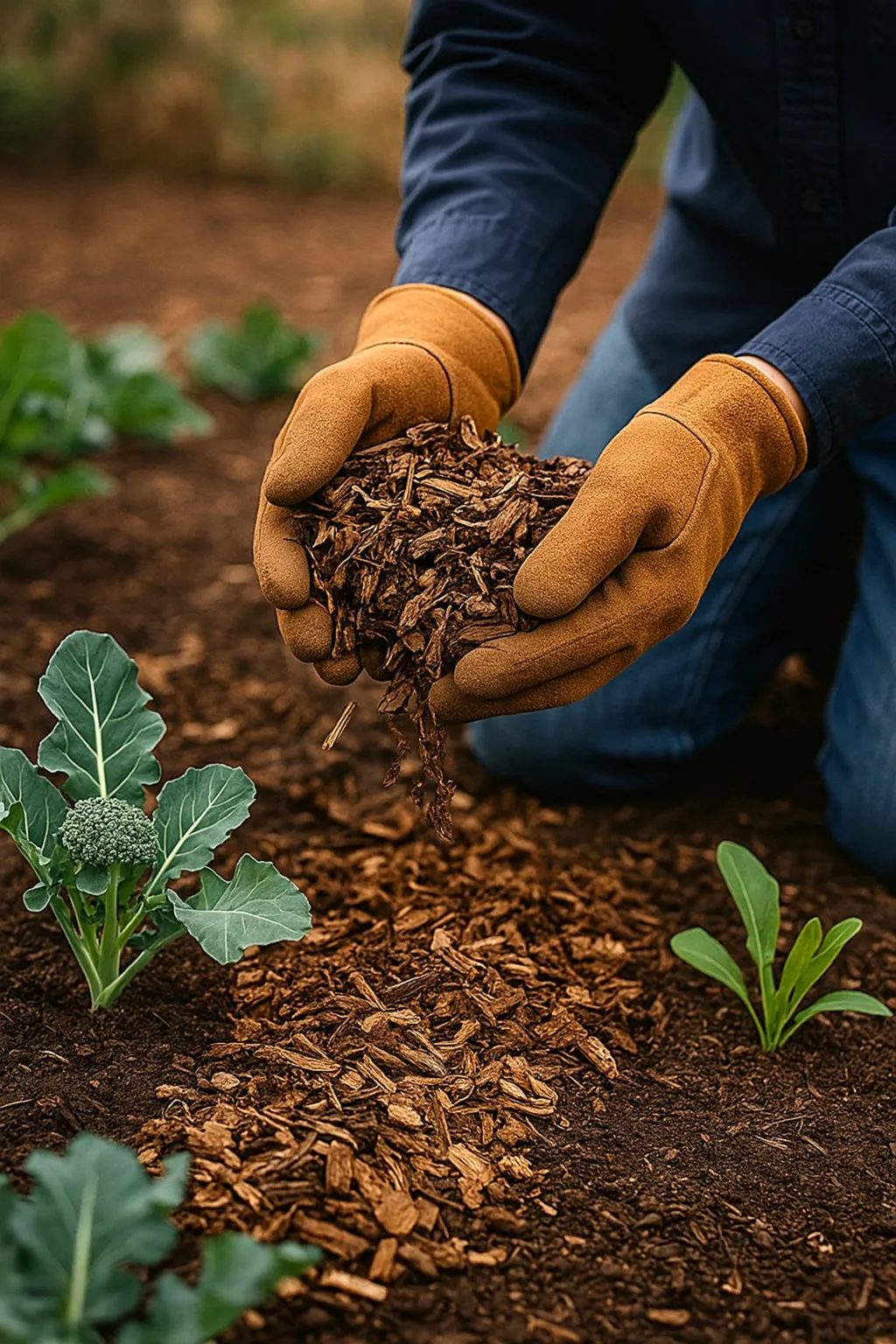 Hands holding mulch to be added to garden soil