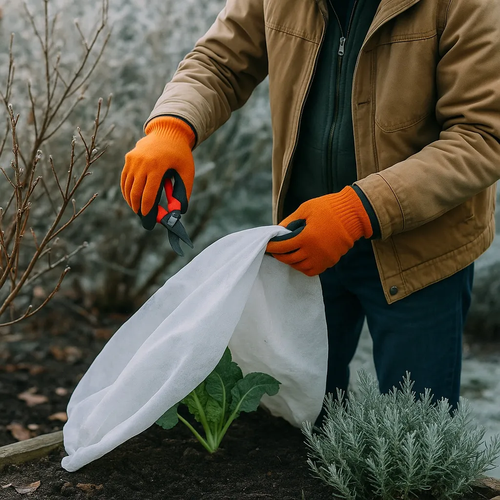 Covering plant with cloth to protect it from frost