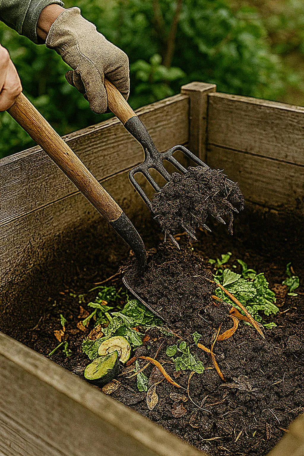 Using hand tools to turn over compost pile