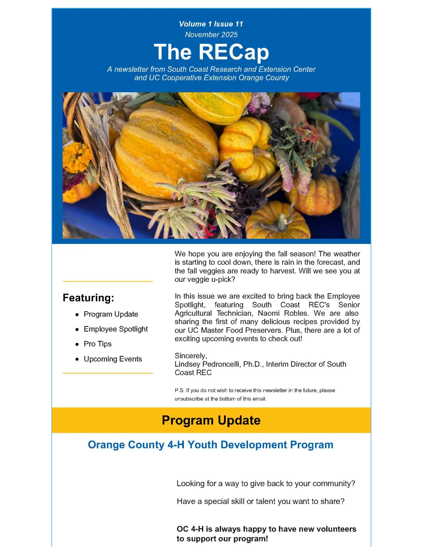 cover page of November 2025 newsletter The RECap with a header photo of mini pumpkins