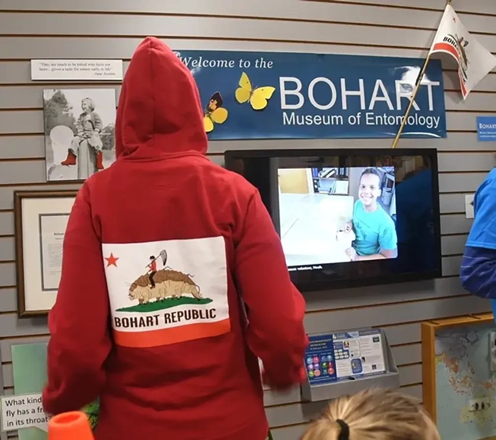 Former UC Davis doctoral candidate Charlotte Herbert Alberts (now a PhD) designed this hoddie, available in the Bohart Museum gift shop. (Photo by Kathy Keatley Garrvey).