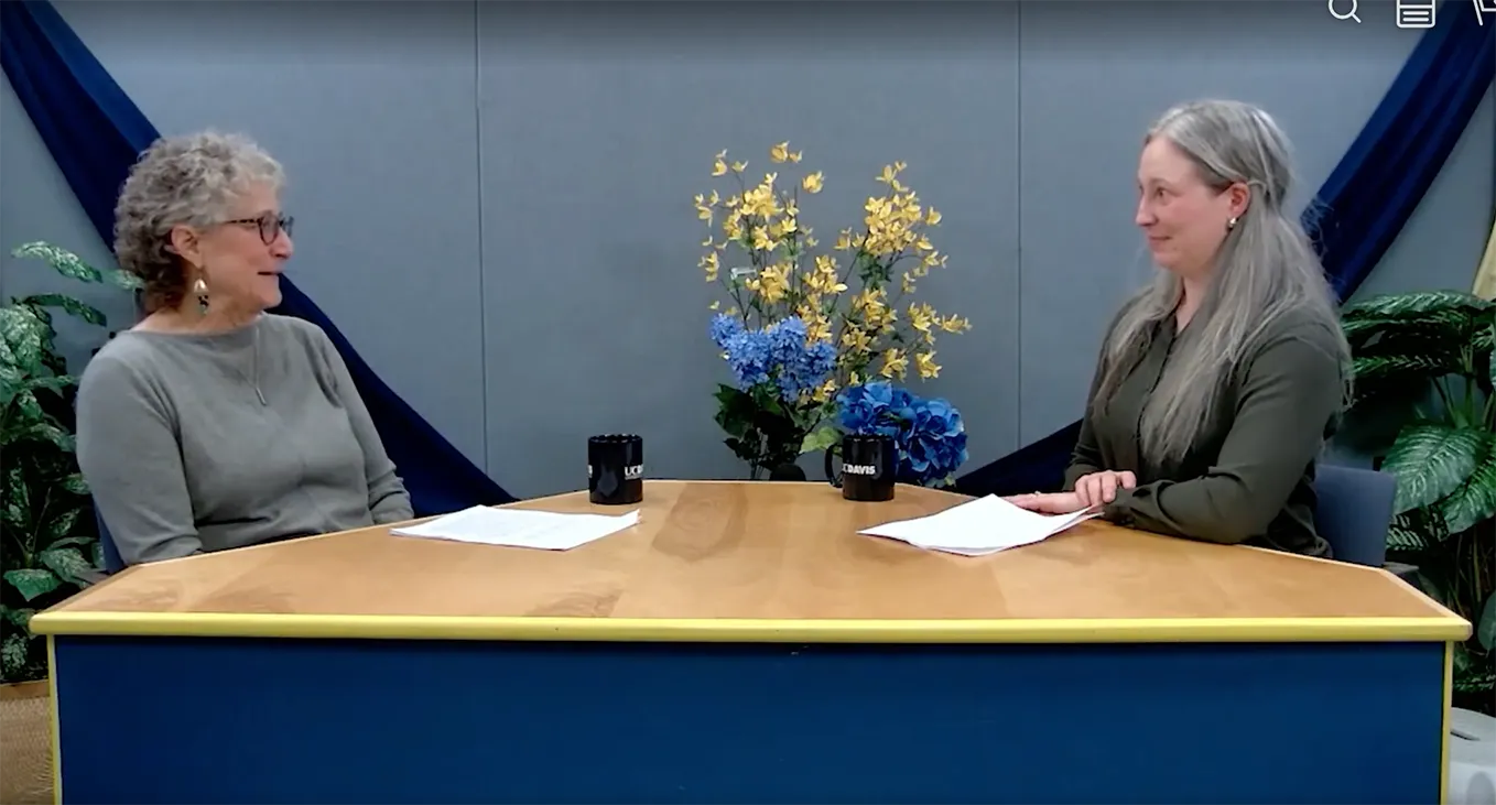 UC Davis Distinguished Professor Emerita Diane Ullman (left) being interviewed by colleague Emily Meineke, urban landscape entomolgist