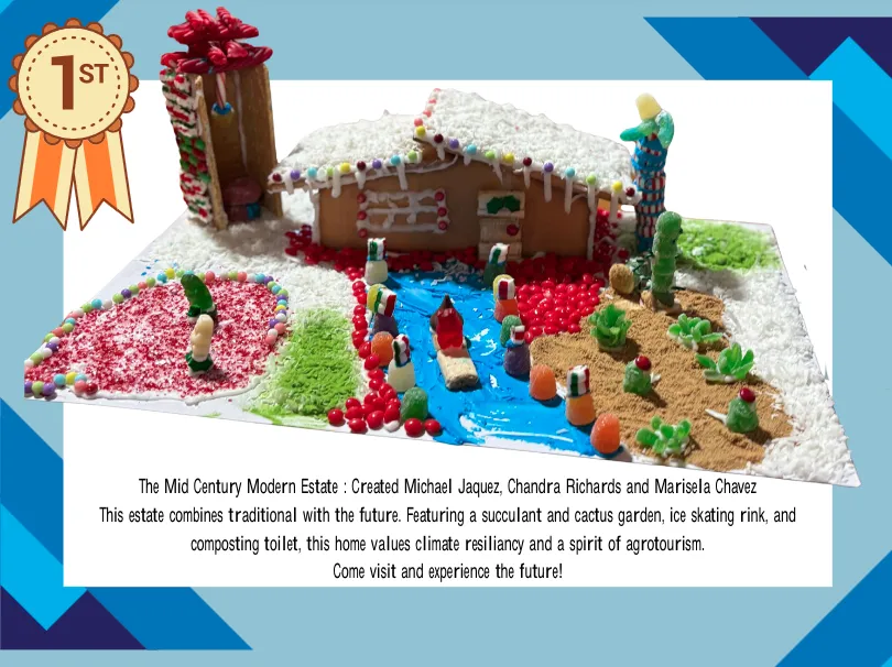 Gingerbread house with white icing featuring a cactus garden, ice skating rink and composting toilet, all made of candy.