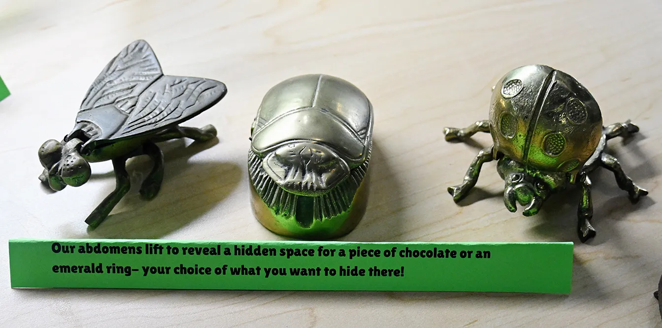 Brass bugs donated to the Bohart Museum gift shop by retired faculty aquatic entomologist, Al Grigarick. (Photo by Kathy Keatley Garvey)