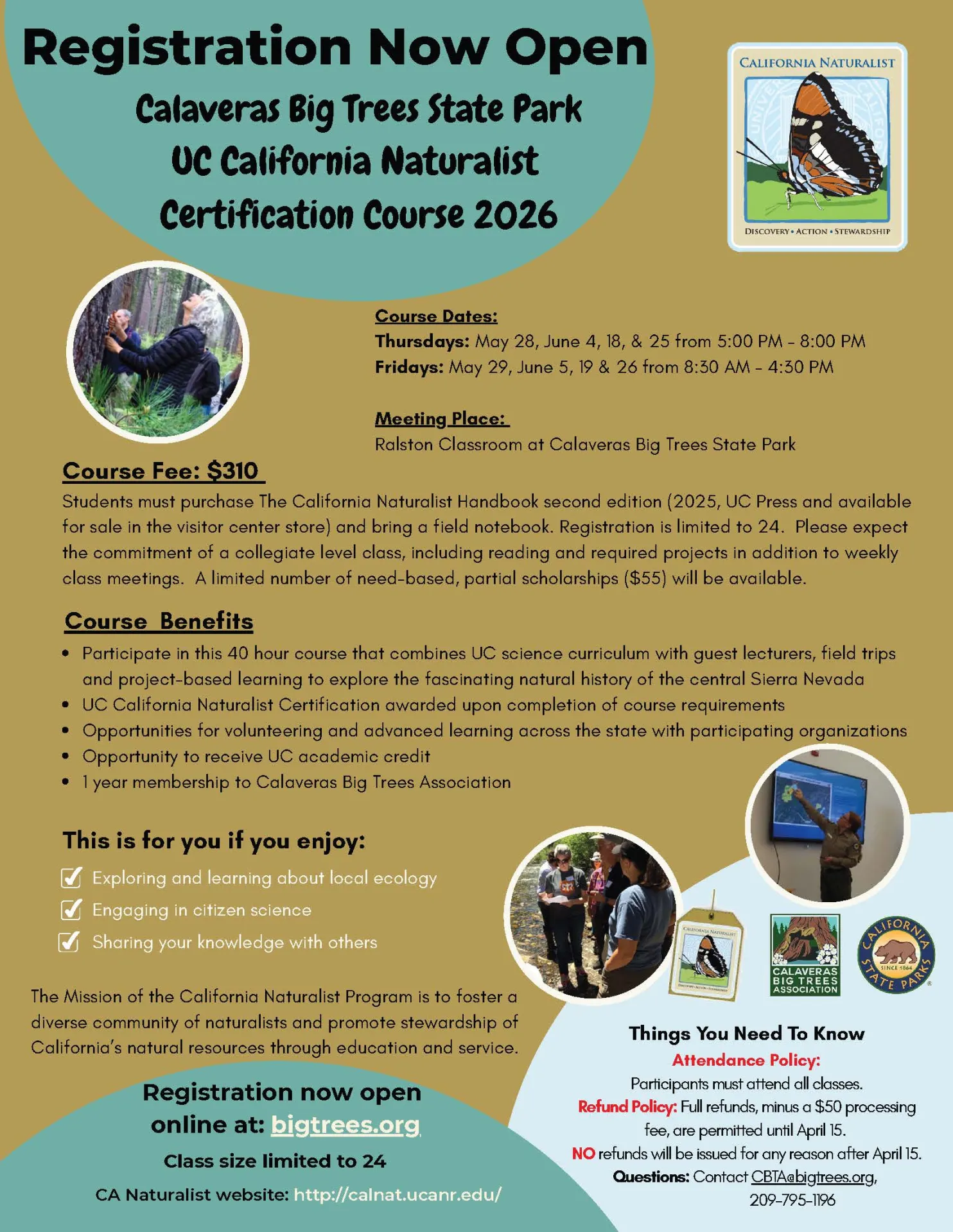 Flier for the UC California Naturalist Certification Course for 2026, starting on May 28th, 2026 at Big Trees National Park in Calaveras County.