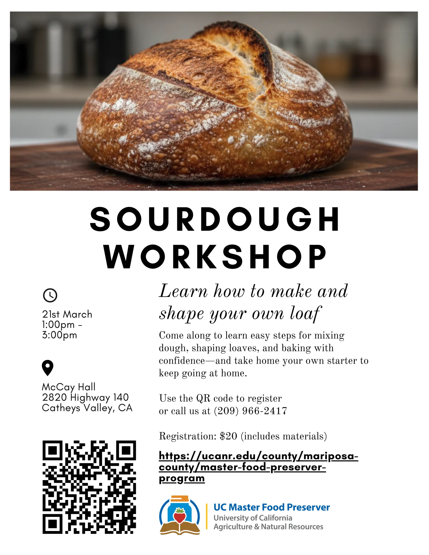 Sourdough Workshop flyer featuring a rustic, scored loaf of bread and event details for March 21st at McCay Hall.