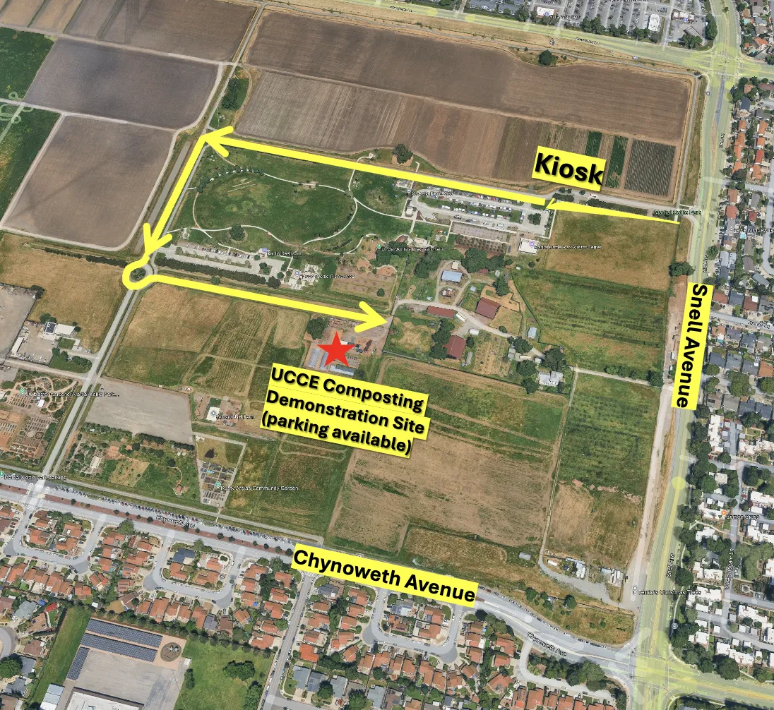 Map of Martial Cottle Park with yellow line from entrance to the compost demonstration site