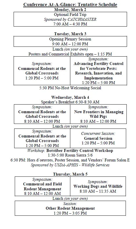 Tentative conference schedule outlining events from March 2-5, including symposiums on rodents and wildlife, workshops, and social sessions.