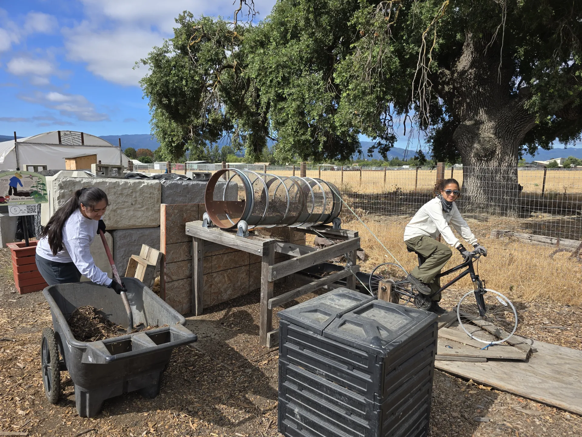 Use of a bike propelled trommel to screen compost