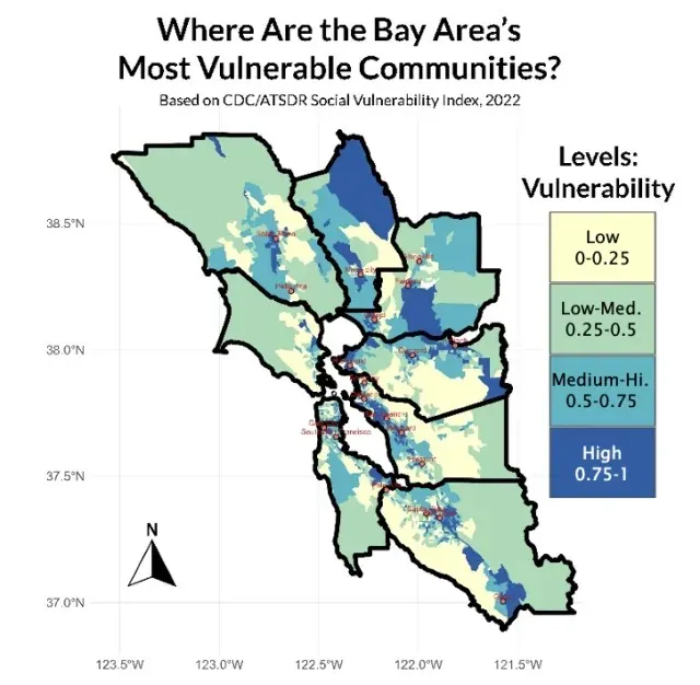 Mapa de la areas (en de diferentes tonos azules y verdes) donde habitan comunidades mas vulnerables.