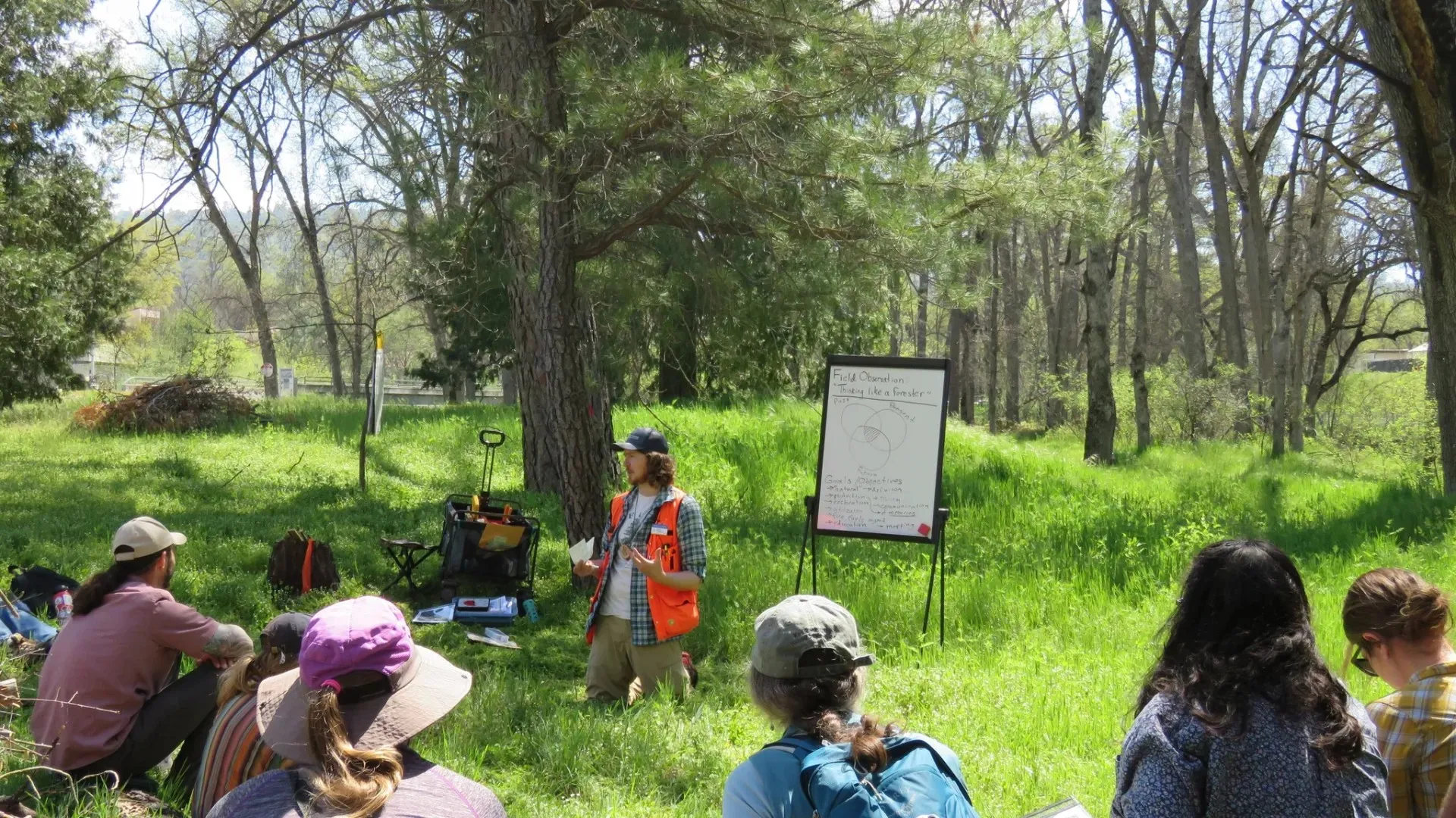 Austin Roughton, coordinador de educación juvenil sobre silvicultura de UC ANR, dirige una clase de observación de los bosques de Oakhurst.