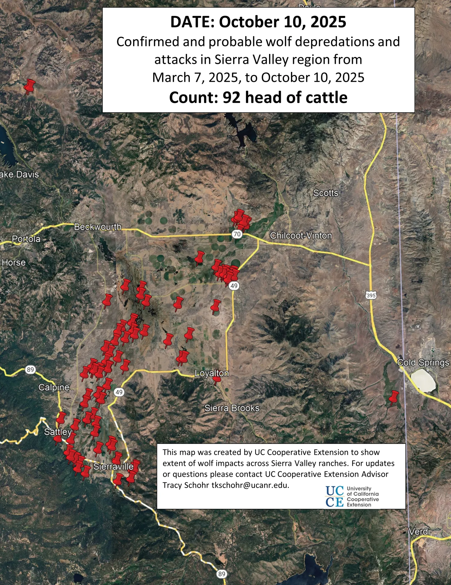 Map with pins indicating 92 death of livestock by wolves in Sierra Valley during 2025.