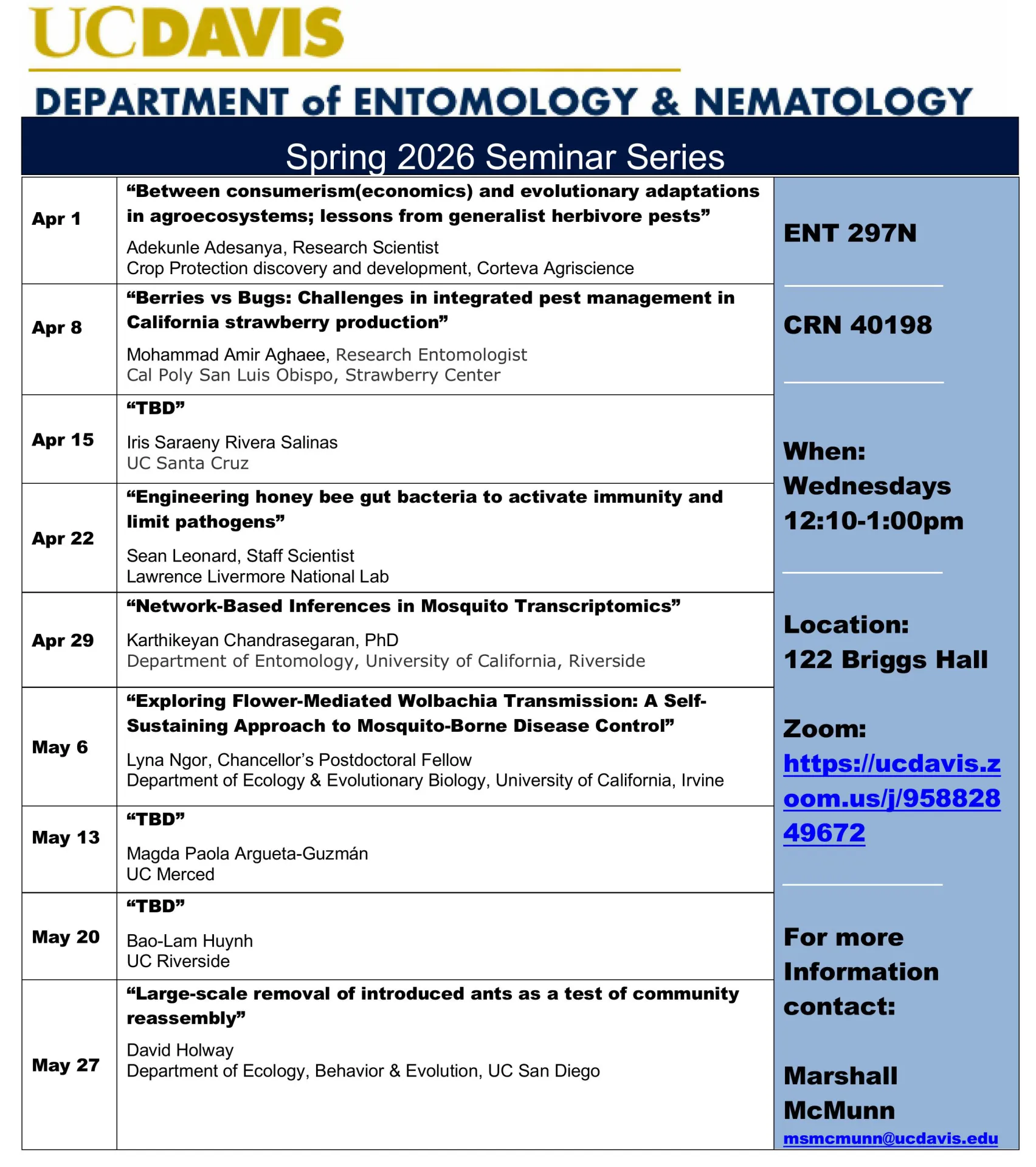 spring seminar schedule, UC Davis Department of Entomology and Nematology