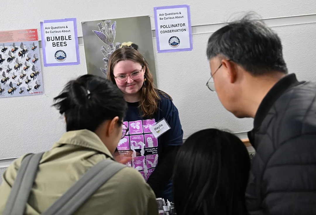 Graduate student Haylie Wilcox of the Neal Williams lab answering questions about bumble bees.