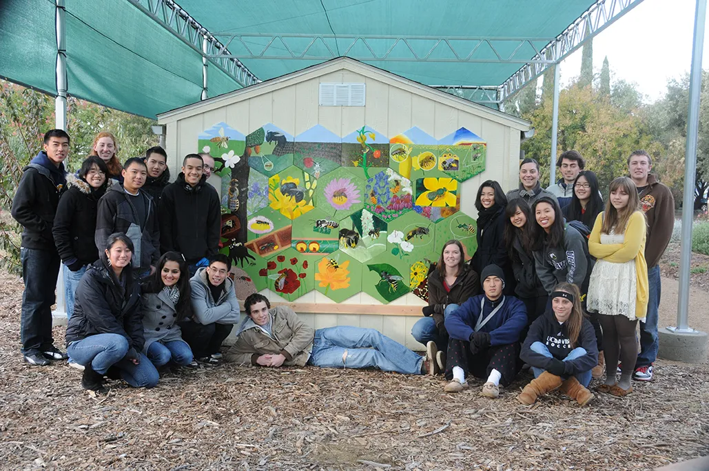 These are the students who created the mural on the garden shed. (Photo by Kathy Keatley Garvey)
