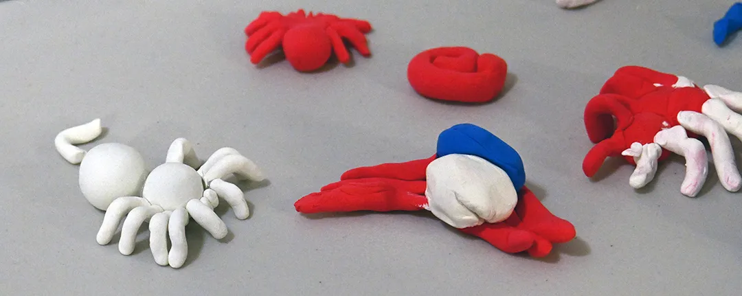 Creative minds and little hands created these new arachnid "species," some finished and some in progress. (Photo by Kathy Keatley Garvey)