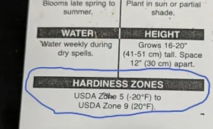 plant label showing USDA zone