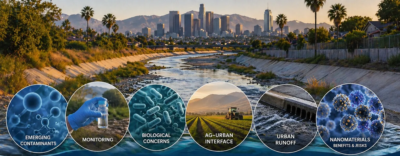 Panoramic view of an urban river flowing through Southern California toward a city skyline, with circular overlays illustrating water quality topics such as emerging contaminants, monitoring, biological concerns, agricultural and urban interactions, stormwater runoff, and nanomaterials.