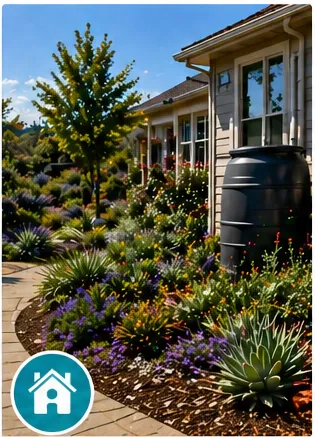 Water-efficient residential landscape with native plants and a rain barrel.