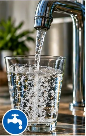 Clear drinking water flowing from a faucet into a glass.