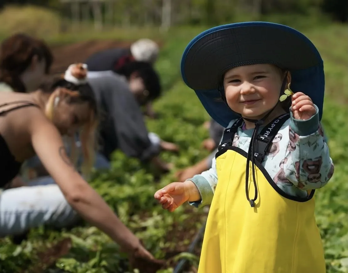 child dressed in bright yellow and a hat in a garden showing off a tiny seedling