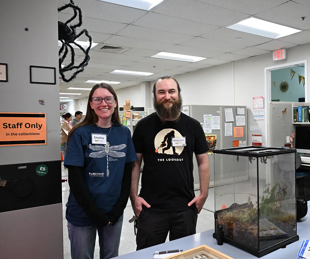 Greeting the guests at the Bohart Museum of Entomology for "Take Your Children to Work" were intern Emeline Huffaker and collections manager Brennen Dyer.