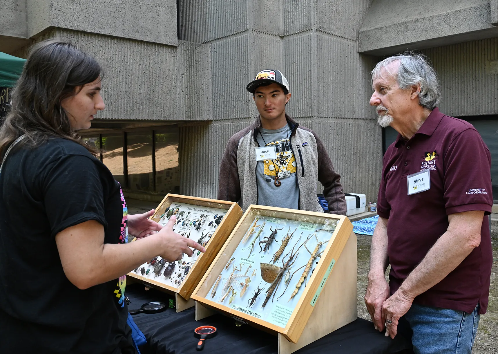 Bohart Museum retired collections manager Steve Heydon (right) and UC Davis student Jack Mills discuss the "Oh, My" drawers at UC Davis Picnic Day.senior museum scientist emeritus 