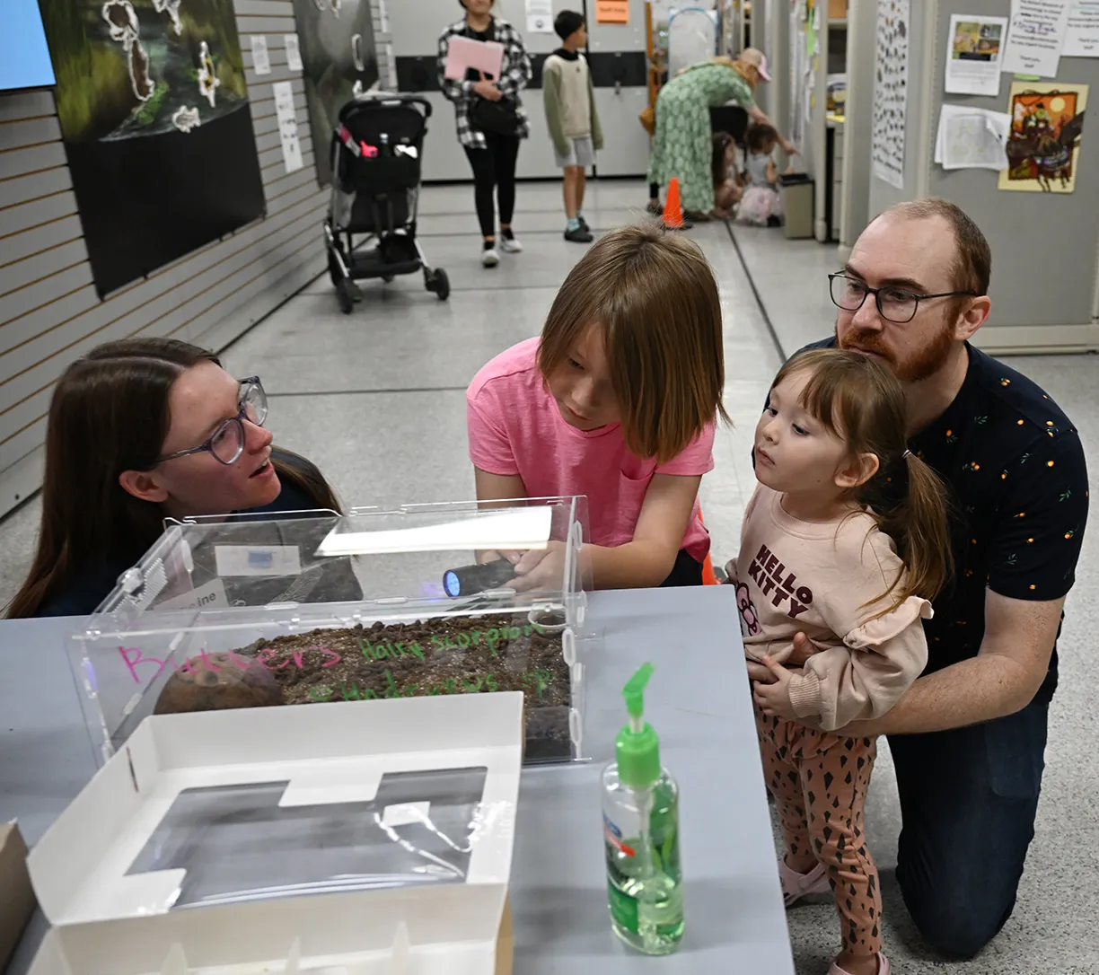 Emeline Huffaker shows scorpions to Matt Steinwert and his children, Luther, 7, and Tilda, 3.