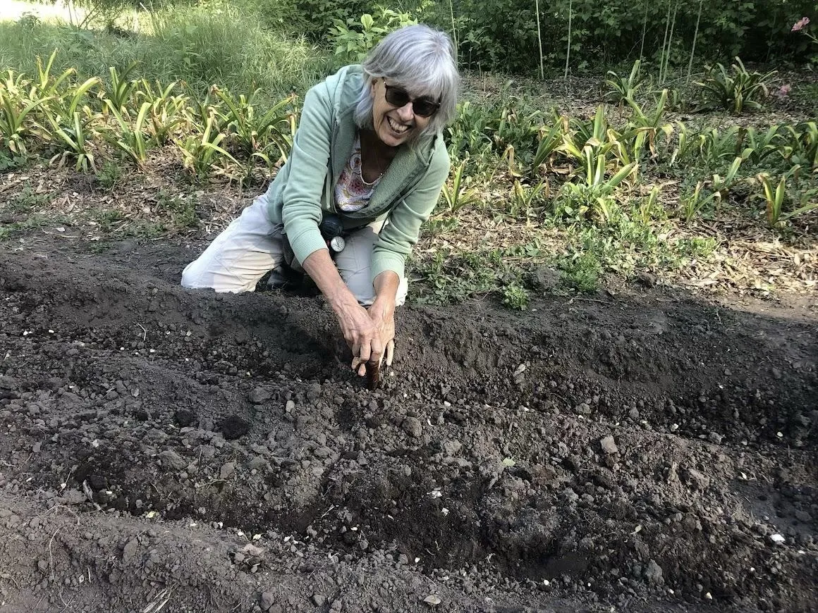 woman kneeling in soil to plant seeds