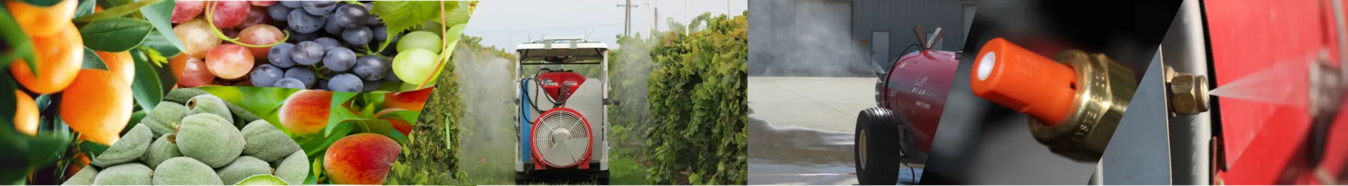 Banner image showing fruit crops, orchard spray application, and a close‑up of an agricultural spray nozzle.