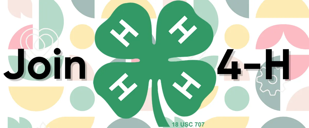 Joining 4-H” design featuring a green four-leaf clover centered on a colorful background.