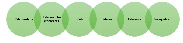 Six overlapping circles. Each with one of the six elements that promote youth adult partnerships written on it.
