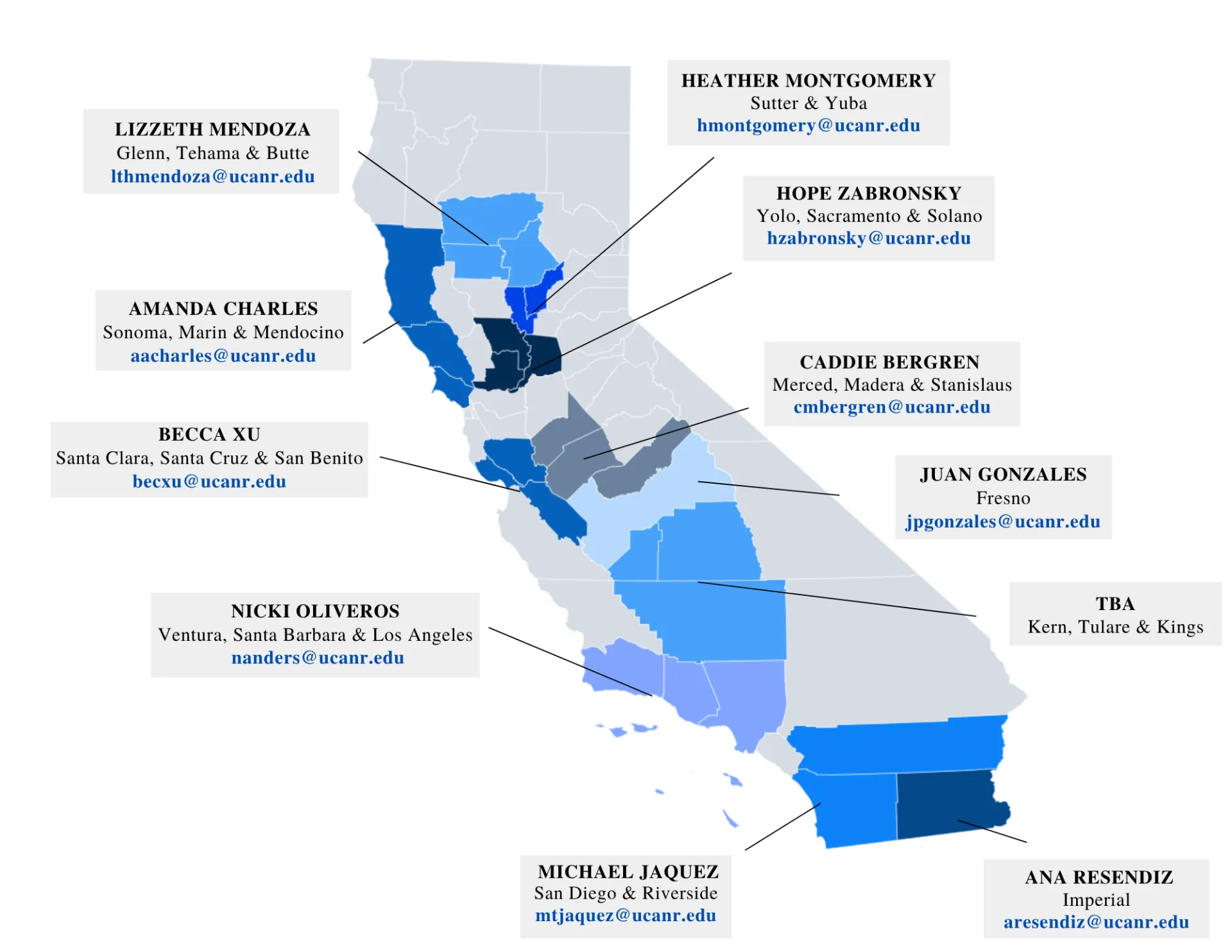 Map of CA highlighting counties our program covers