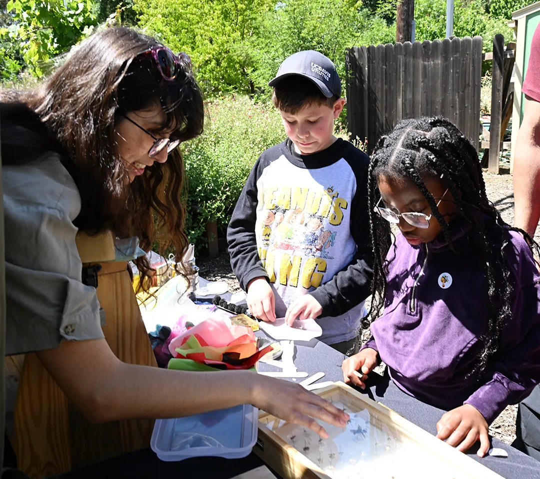 Zuri Smelser (left), 11, and Jordan Roberts, 9, learn about carpenter bees from Samantha Murray.